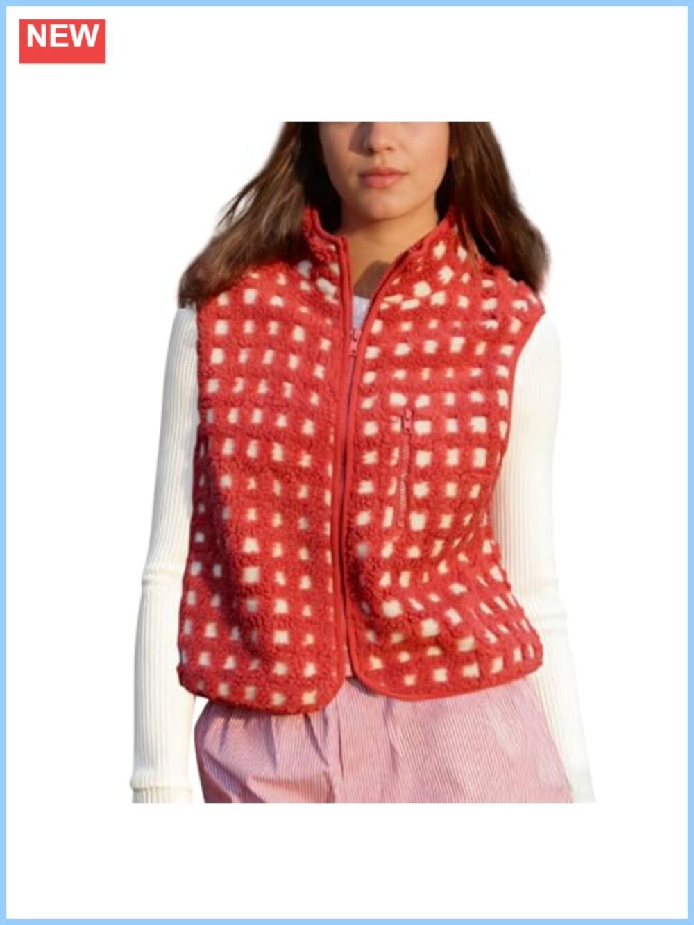 Women's Plaid Sherpa Fleece Vest Sleeveless Zip Up Winter Jacket with Pockets
